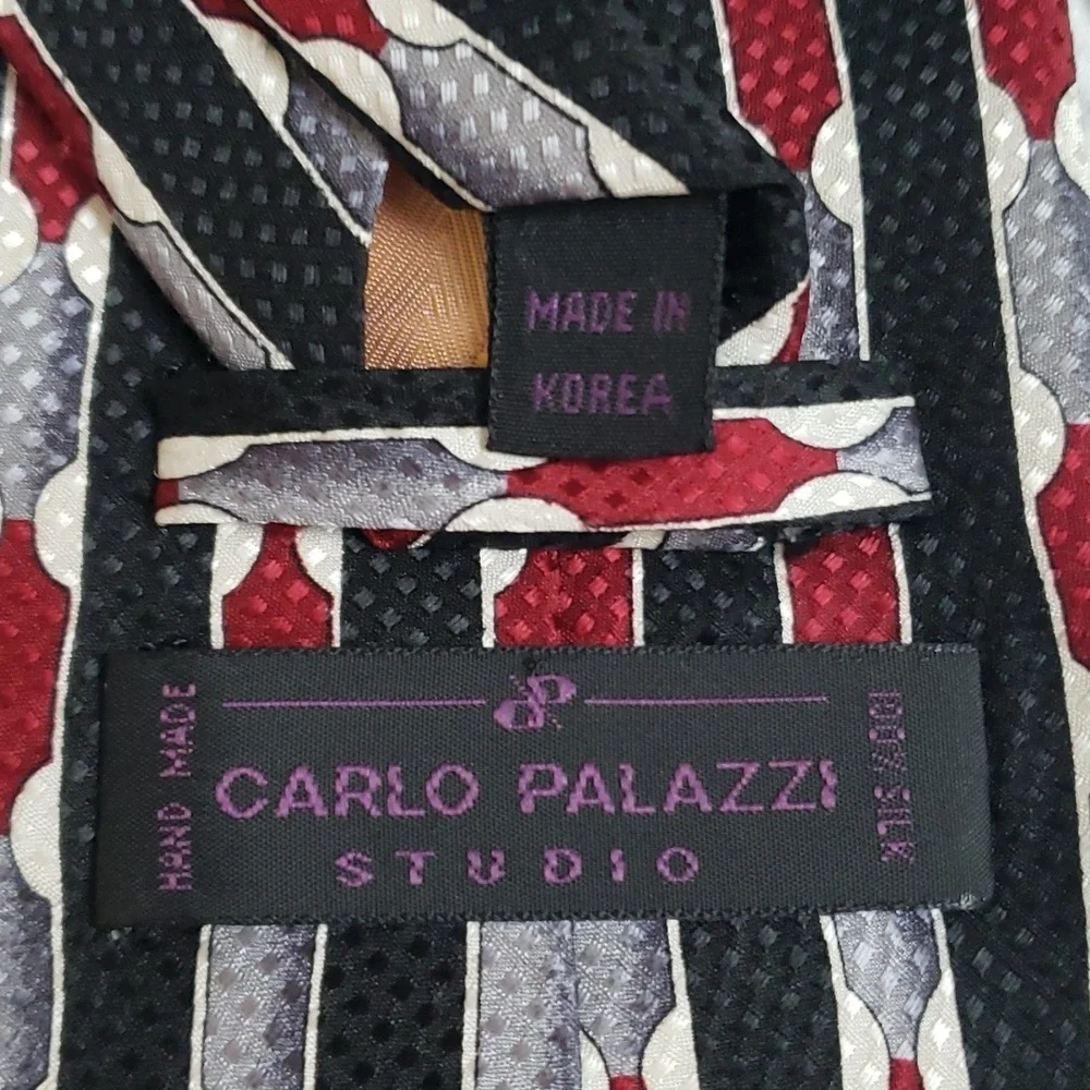 CARLO PALAZZI  100% Silk Hand Made Men's Neck Tie, Black Silver White & Burgundy